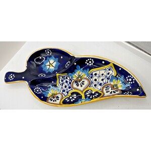 Talavera Chip & Dip Hand Painted Taco Serving Dish Mexican Pottery Tray leaf